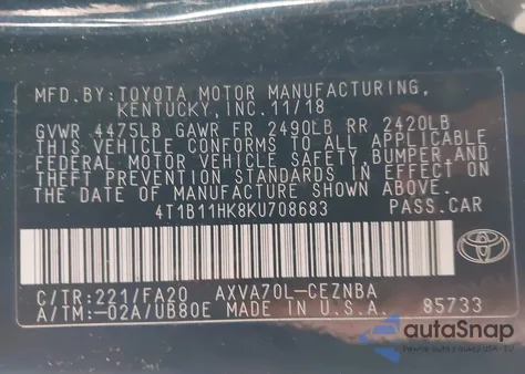 2019 Toyota Camry Le z USA, uszkodzony, nr VIN 4T1B11HK8KU708683